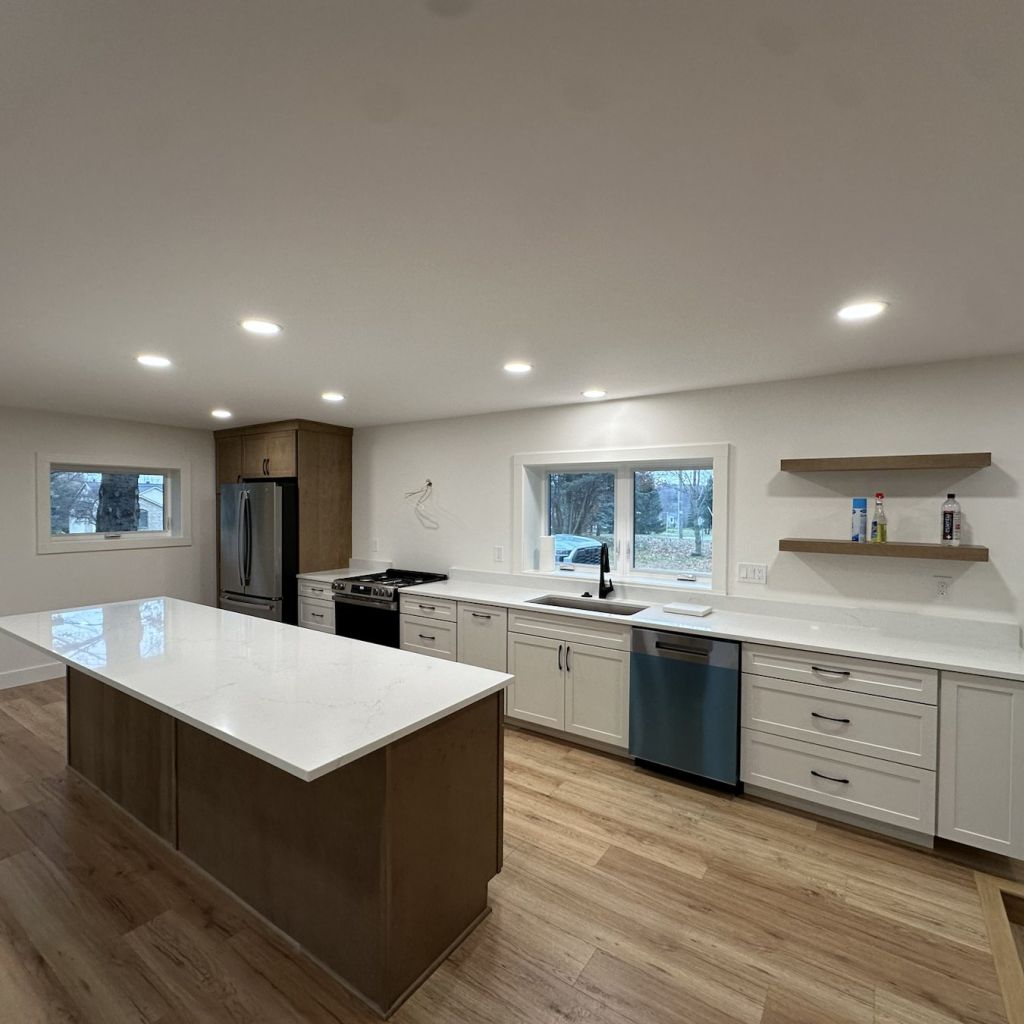 Completed kitchen remodel with custom cabinetry, countertops, and updated finishes